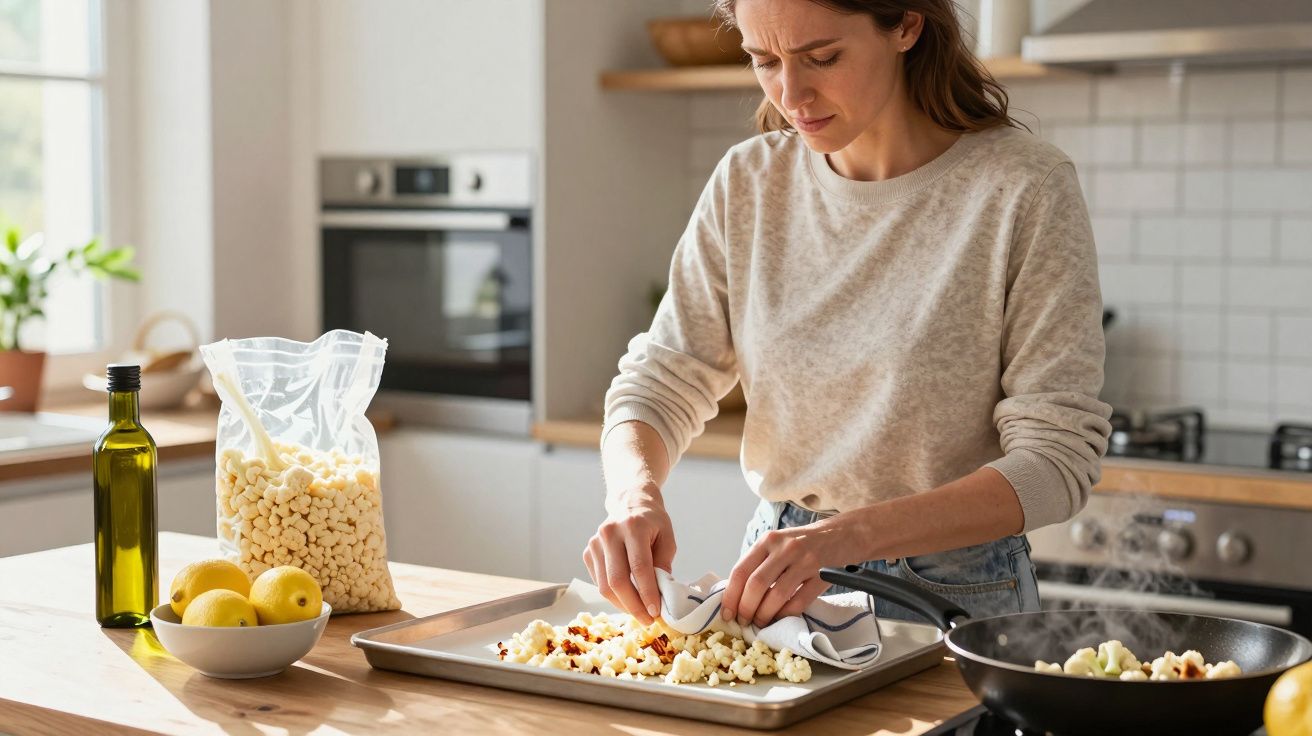 Woman preparing popcorn on a baking tray in a modern kitchen, with olive oil and apples on the counter.