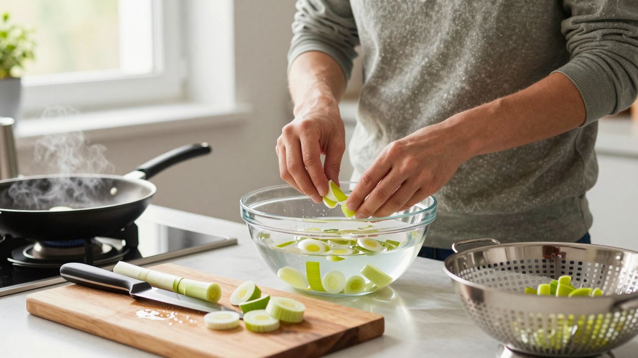 Person preparing leeks in a kitchen, placing chopped pieces into a bowl of water near a pan on the hob.