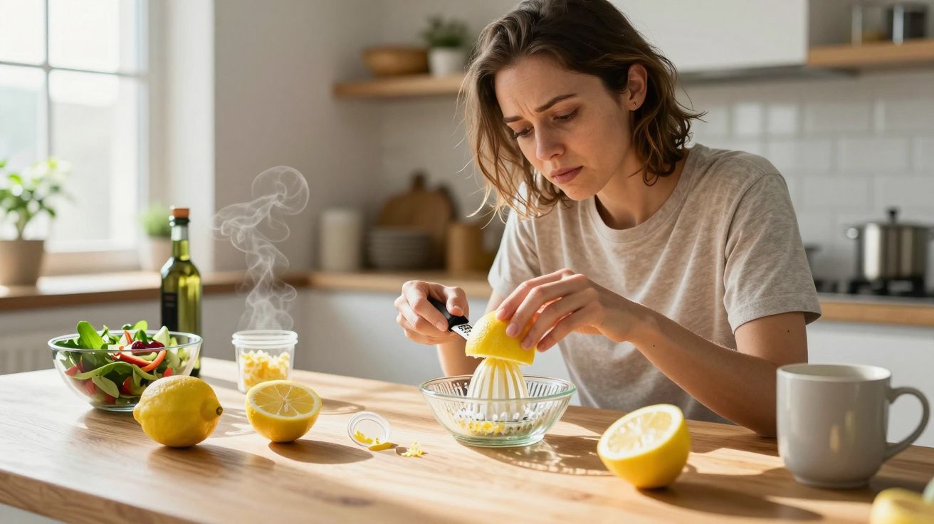 Woman squeezing a lemon into a bowl in a modern kitchen with salad, olive oil, and a steaming cup nearby.