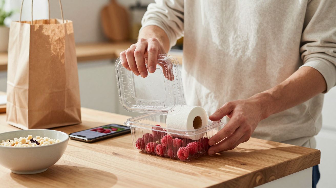 Person holding plastic container with raspberries and toilet paper on kitchen counter near phone and paper bag.