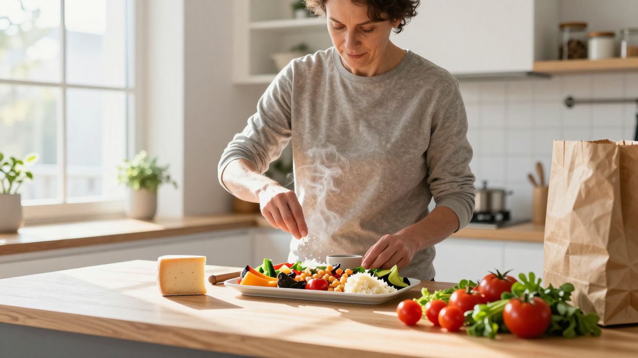 A person preparing a healthy salad in a kitchen, surrounded by fresh ingredients including tomatoes and cheese.