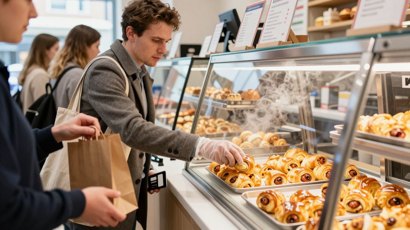 Man in grey coat selects pastry from bakery counter, holding a brown paper bag, while others browse nearby.