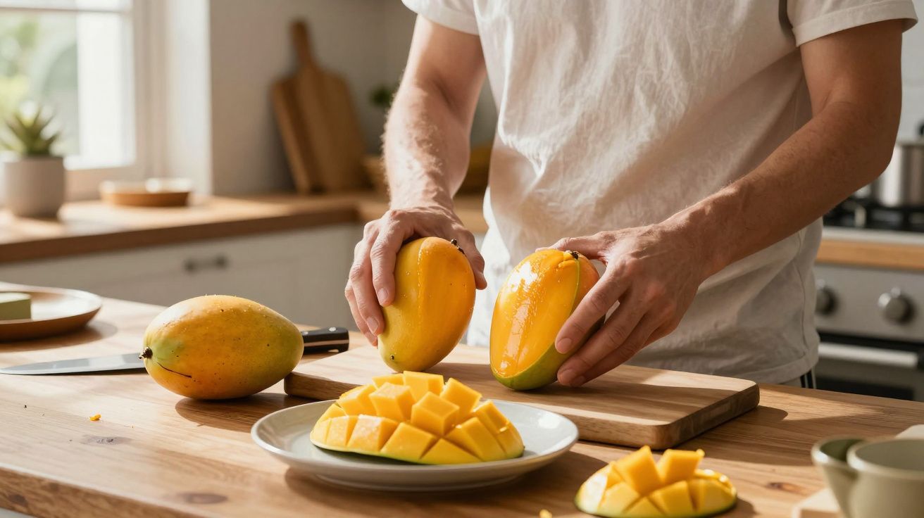 Person slicing ripe mangoes on a wooden kitchen counter with sunlight streaming through a window.