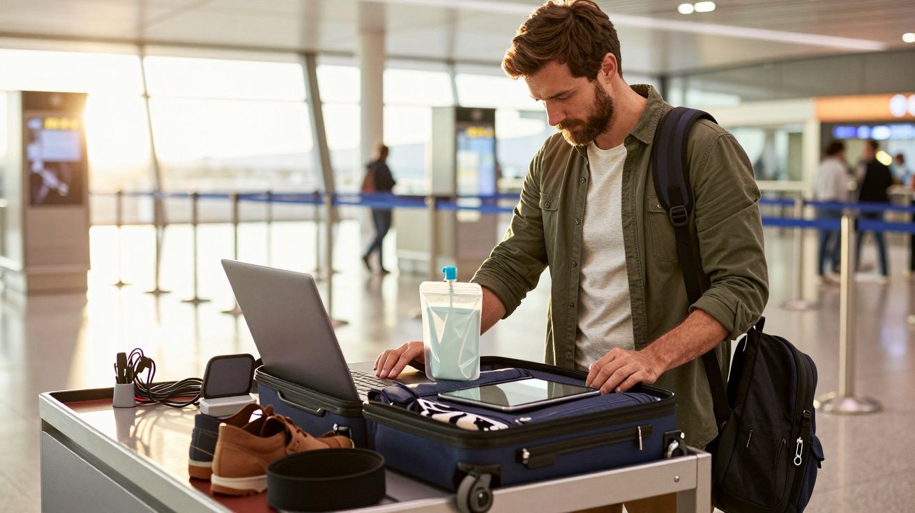 Man at airport security scans open suitcase with electronics and shoes; holding backpack, relaxed setting.