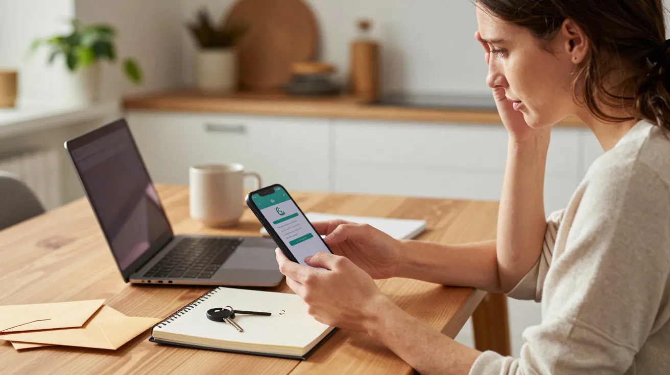 Woman at table using smartphone, laptop open nearby, notepad and keys in foreground, in a home setting.