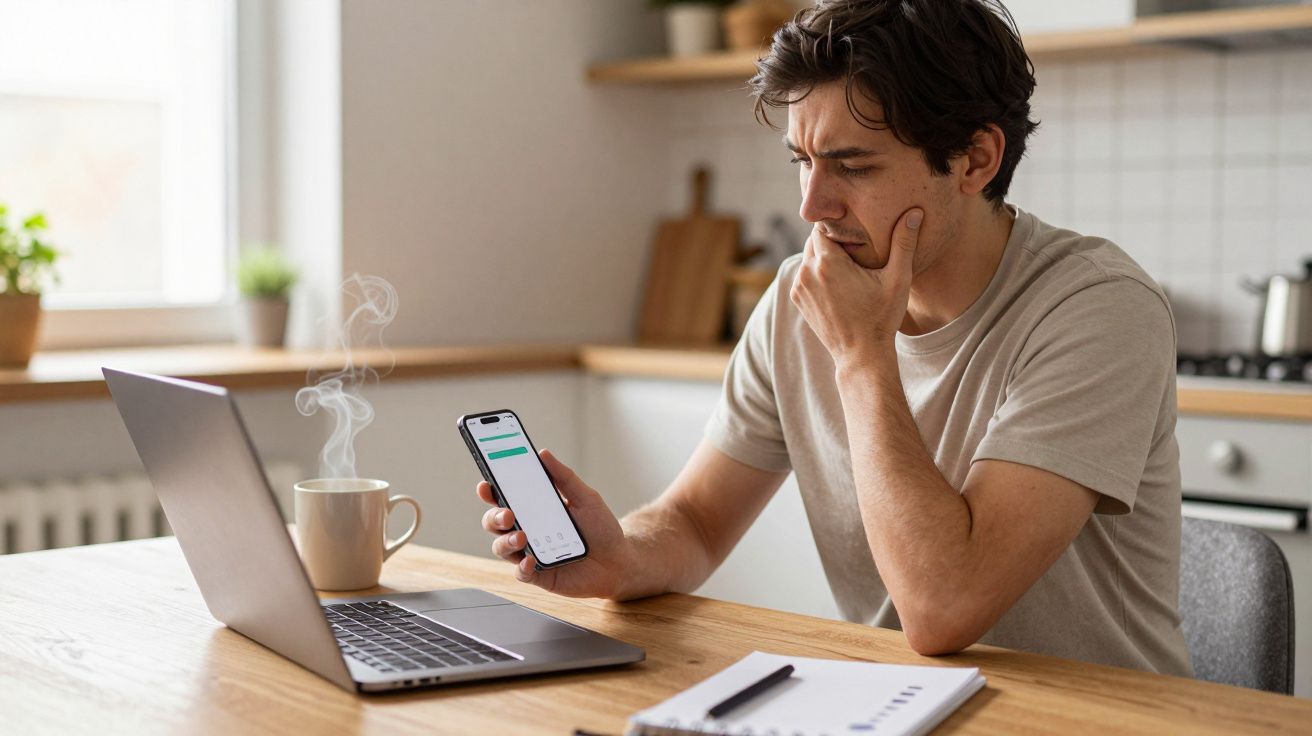 Man in kitchen looking at smartphone next to laptop and steaming mug on wooden table.
