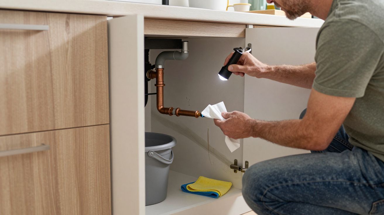 Man inspecting kitchen sink pipes with a torch, holding tissue, bucket below for leaks, cabinet open, cleaning cloth nearby.
