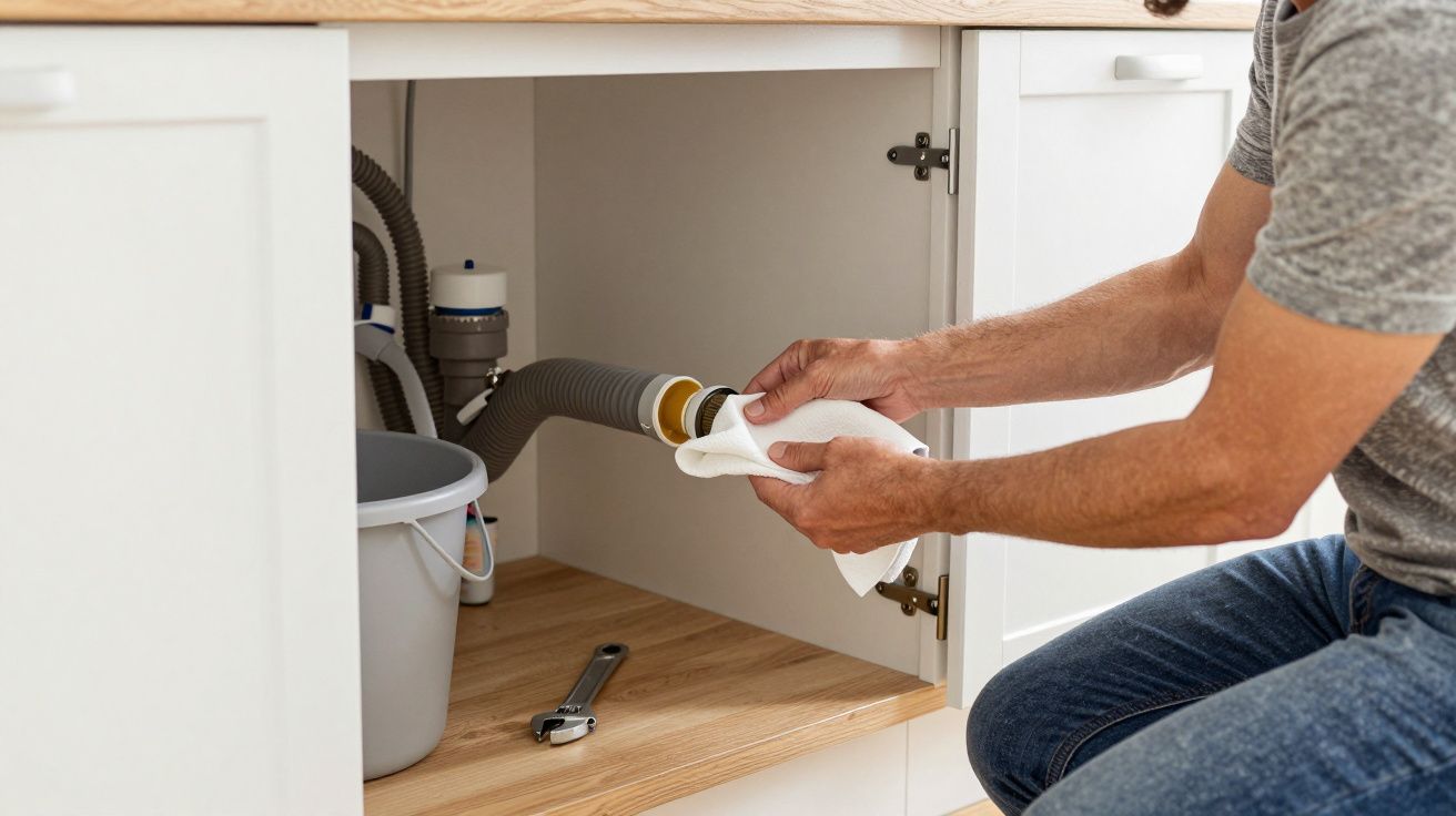 Person fixing a leak under a kitchen sink using a cloth, with a spanner and bucket nearby.
