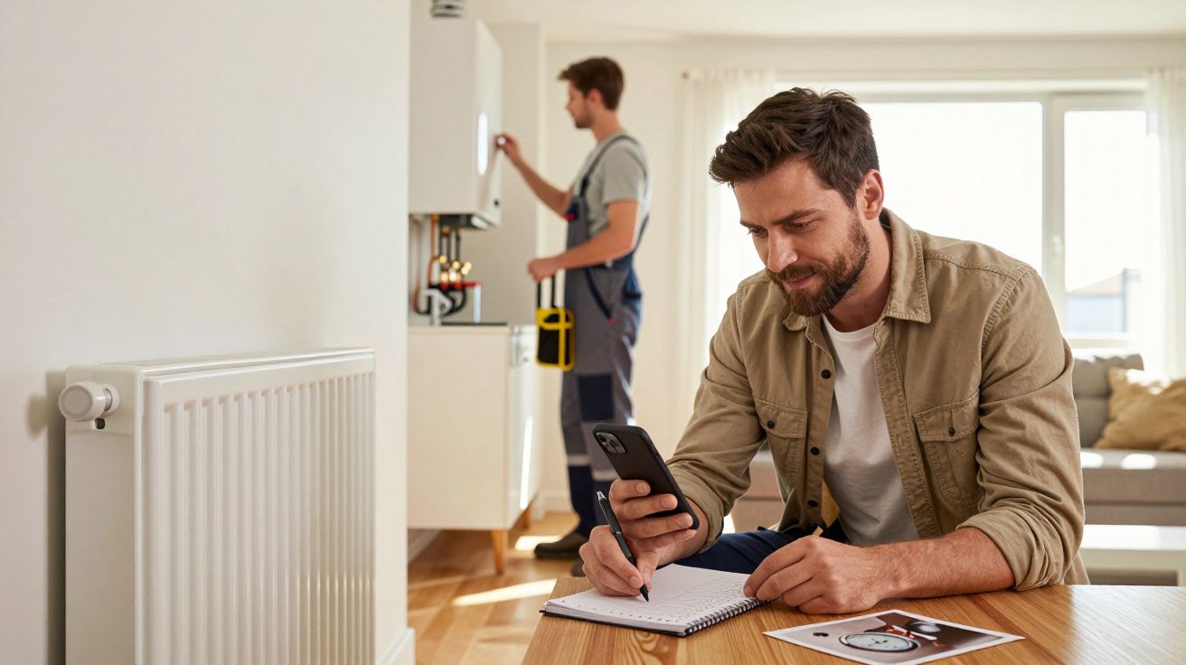 Man checking phone at table, technician inspecting boiler in background.