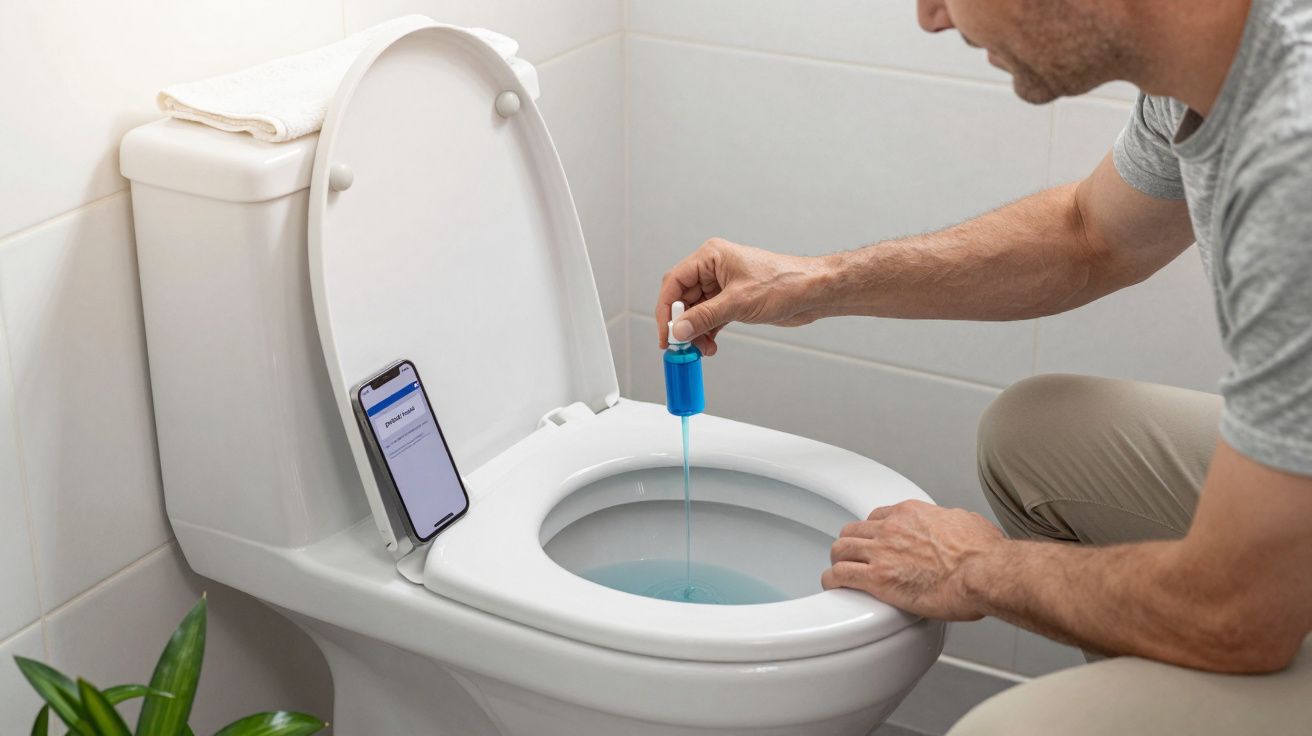 Man adding blue liquid into toilet bowl, smartphone with blue screen nearby.