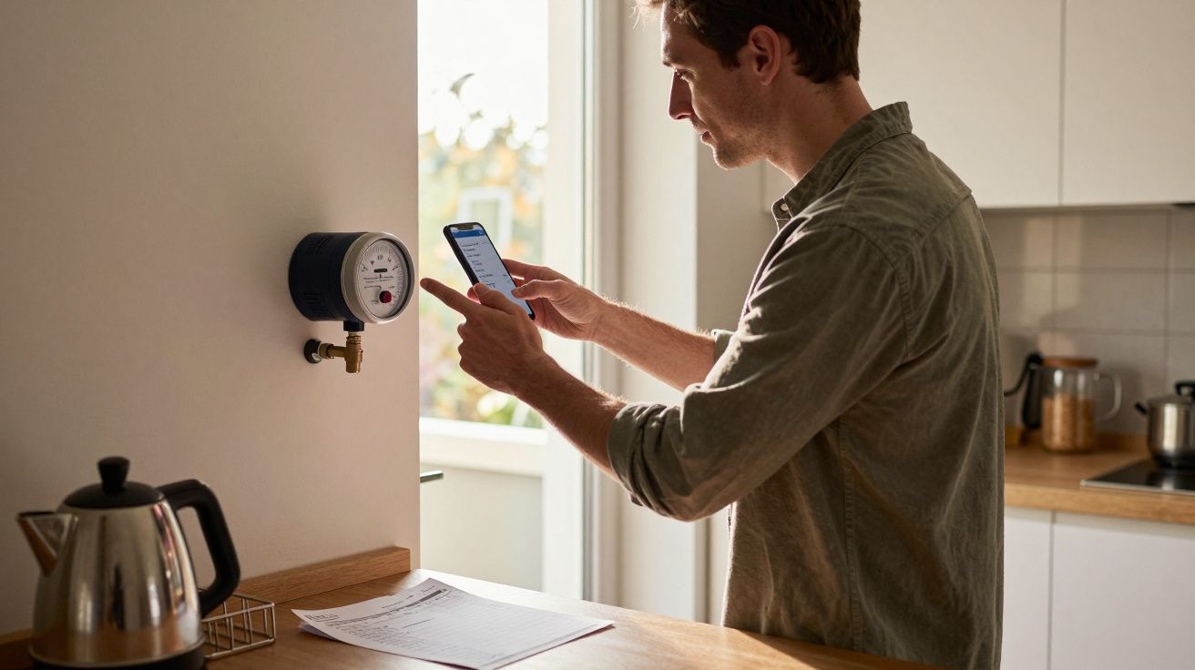 Man in kitchen checking phone near wall-mounted gauge.