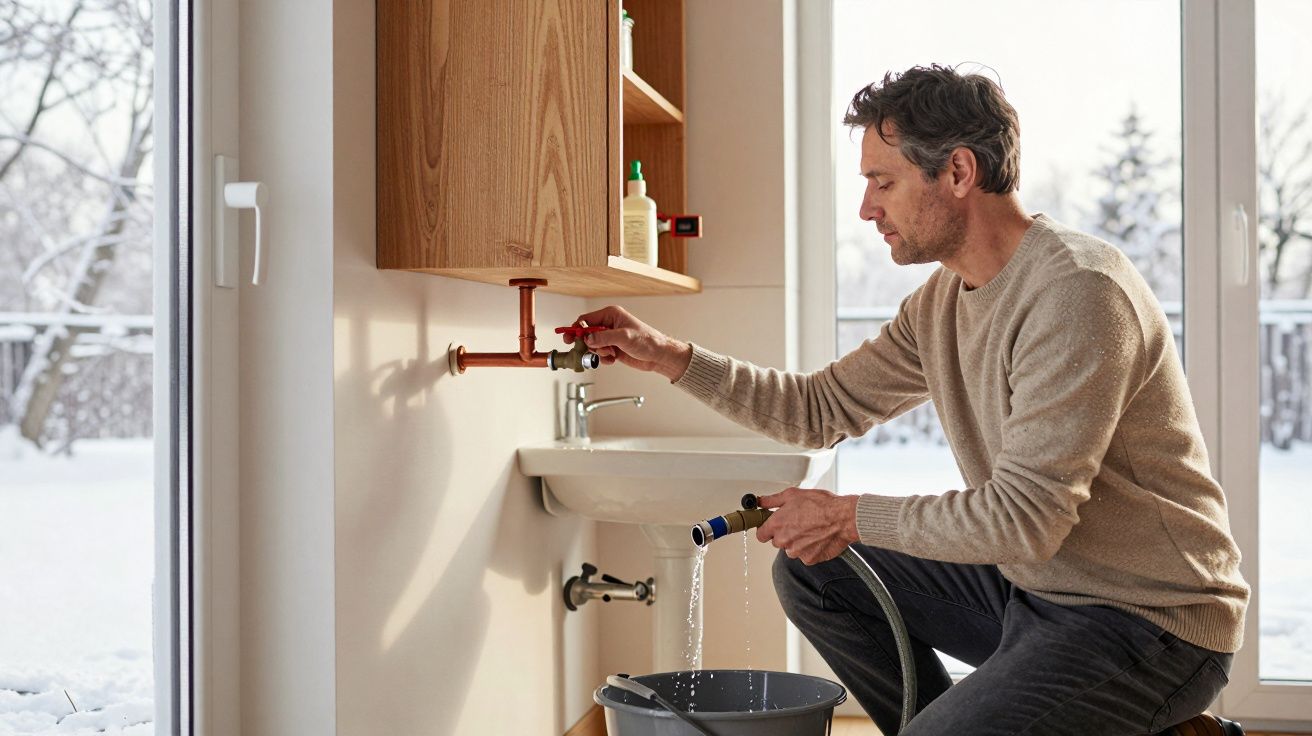 Man fixing pipes under sink, indoors, during winter with snow visible outside.