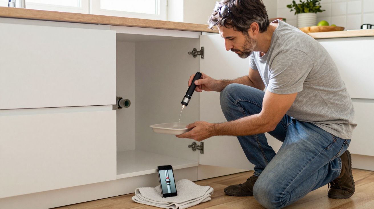 Man inspecting under-sink leak with flashlight, using mobile for guidance, kneeling beside white kitchen cupboard.
