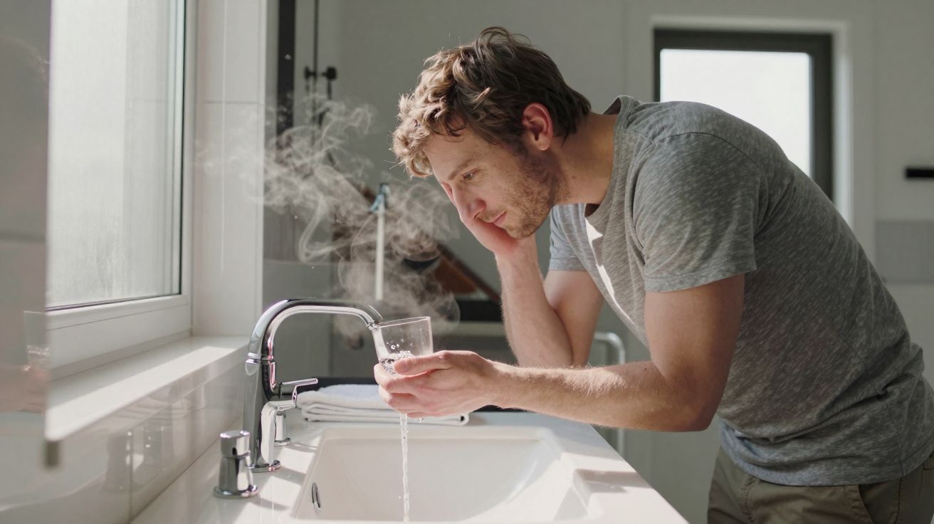 Man leaning on bathroom sink, holding steaming glass from running tap, looking pensive.