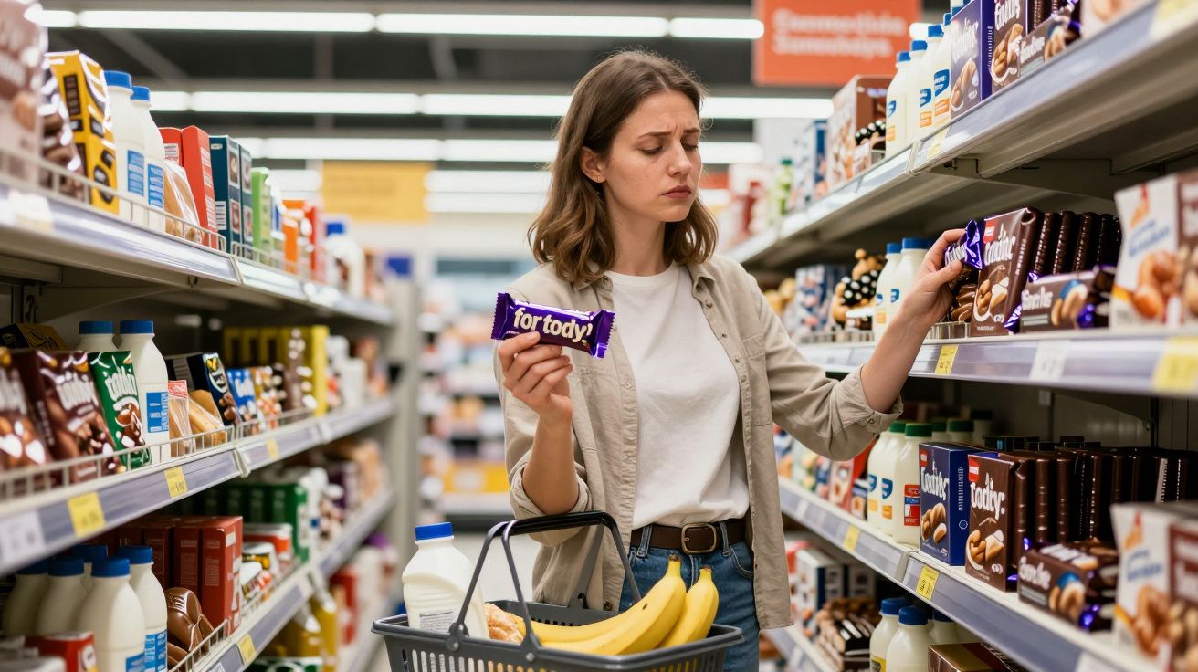 Woman in supermarket aisle holding a chocolate bar, uncertain, with a basket of groceries including milk and bananas.