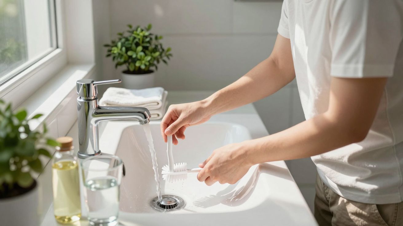 Person washing dish brushes in a sunlit sink, surrounded by plants and toiletries.