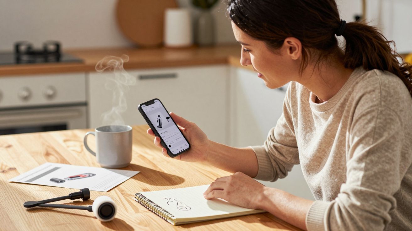 Woman in kitchen using smartphone at table with notebook, coffee, and documents.