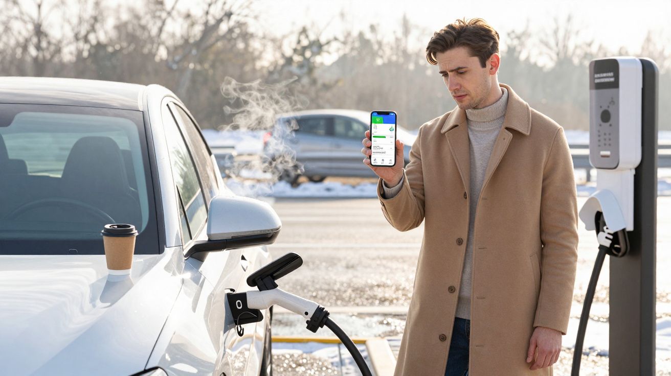 Man in coat holding smartphone beside charging electric car on snowy day.