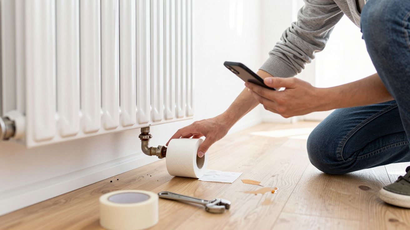 Person checking radiator leak with smartphone and toilet paper on wooden floor; rolls of tape and wrench nearby.