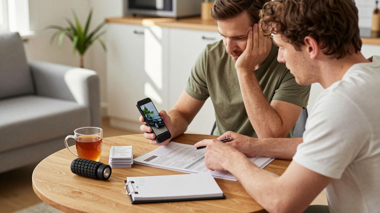 Two men sit at a table reviewing documents and using a smartphone, with a mug and notebook beside them.