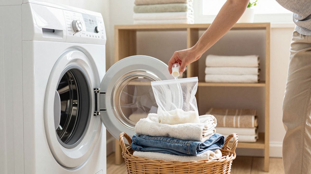 Person loading laundry into a washing machine next to neatly folded towels on a shelf.