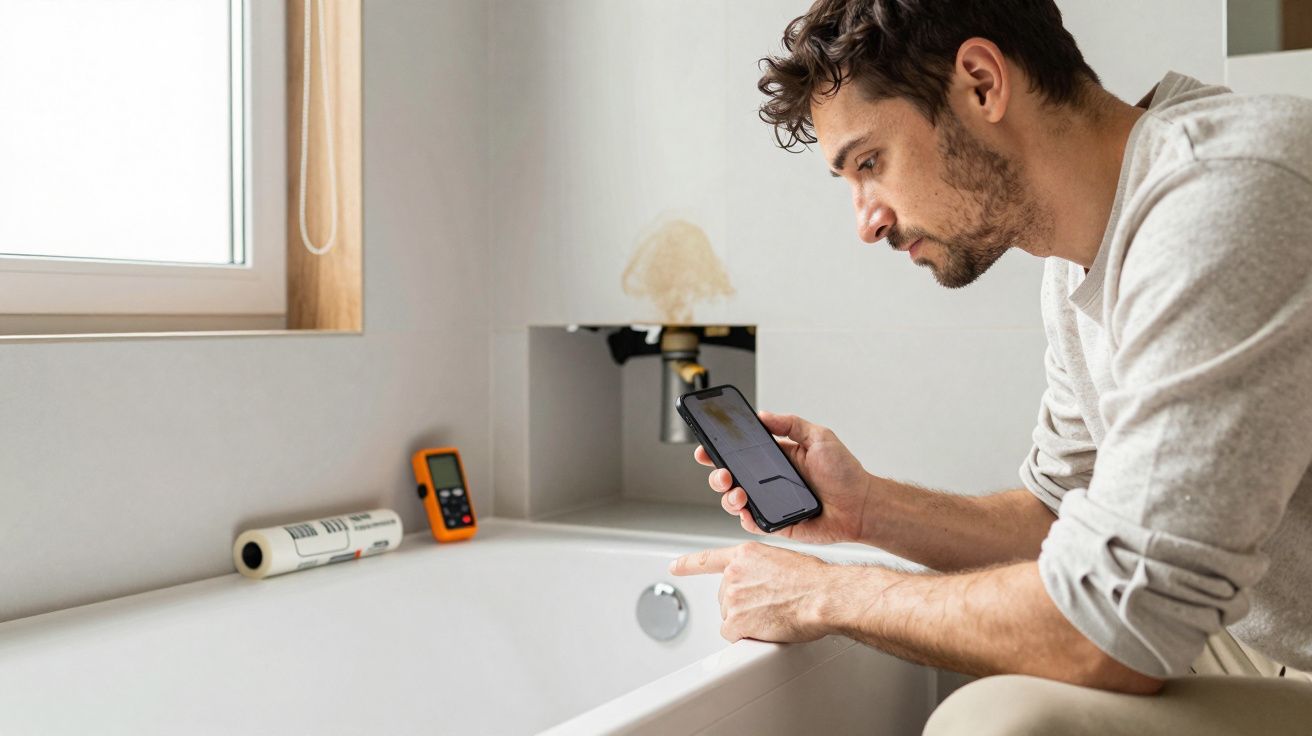 Man examining bath with phone and tools, pointing at fixture, in a bright bathroom.