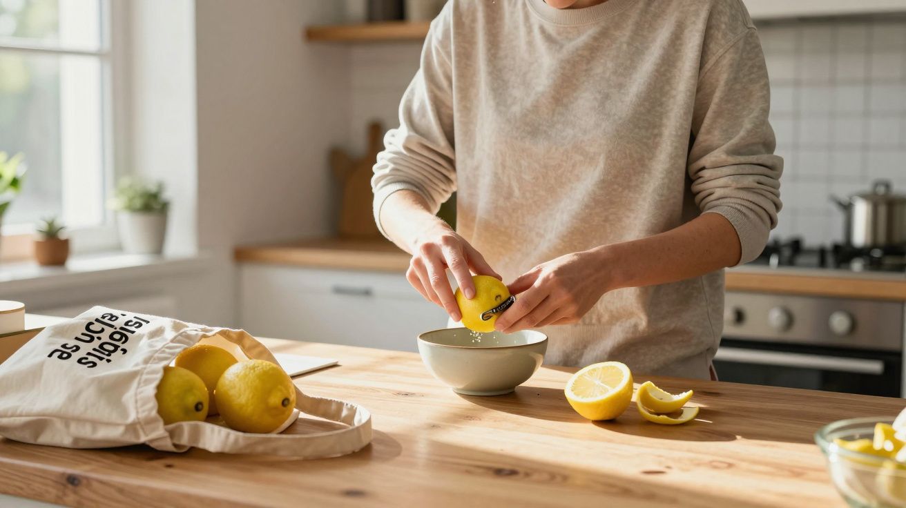 Person squeezing lemon juice into a bowl in a bright kitchen.