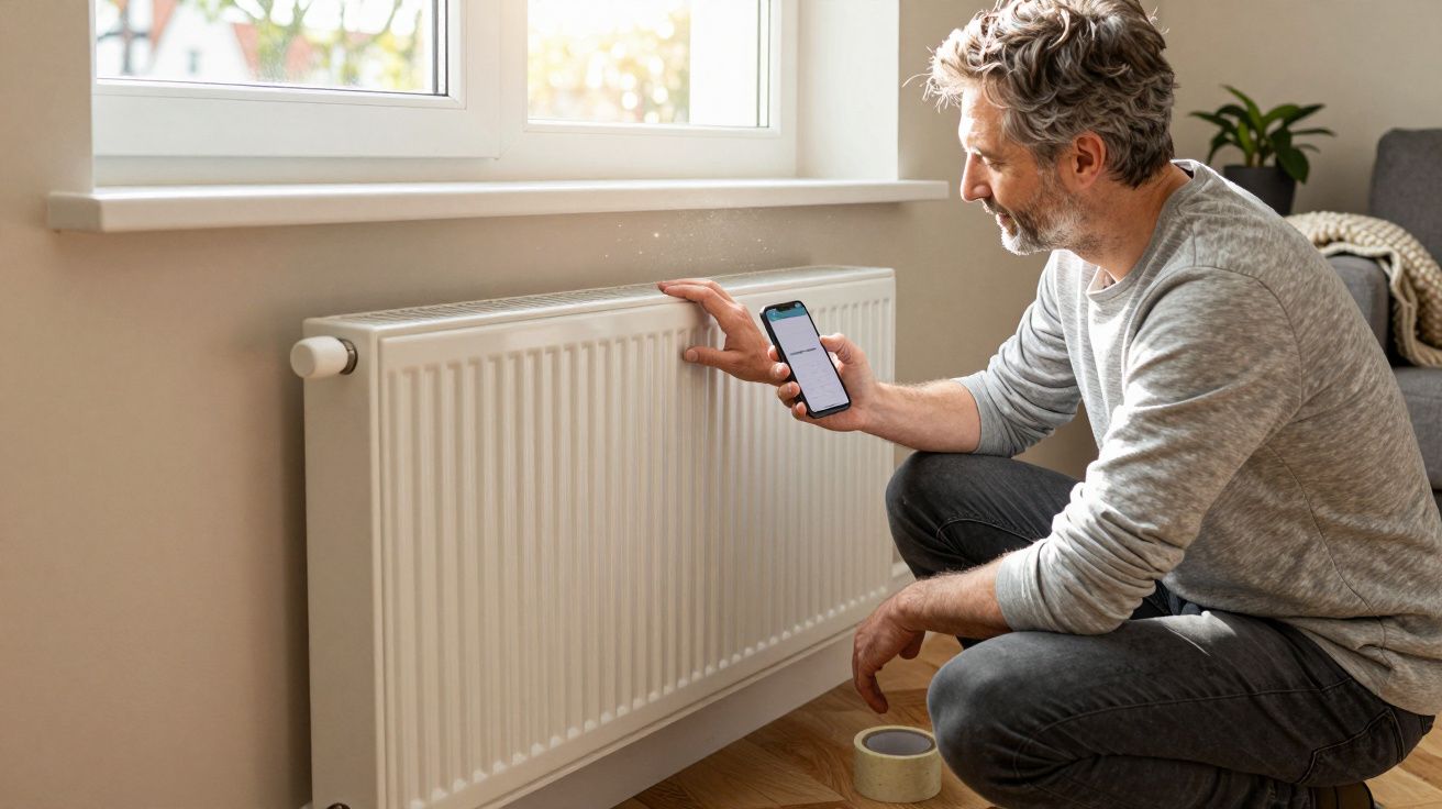Man adjusting radiator settings using a smartphone app at home, near a window.