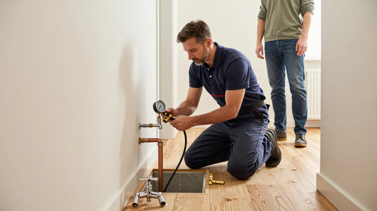 Plumber kneeling on wooden floor, using a gauge on pipes, while another person stands nearby watching.