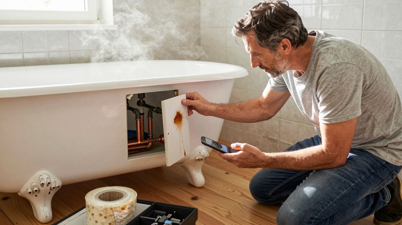 Man inspecting bathtub pipes with a smartphone in a bright bathroom.