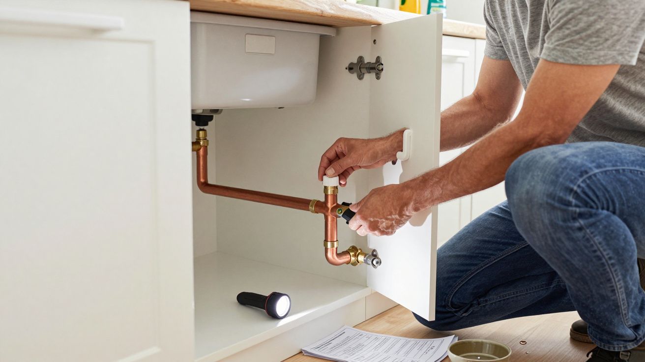 Person fixing plumbing under a sink, using tools. A torch and paperwork are nearby.