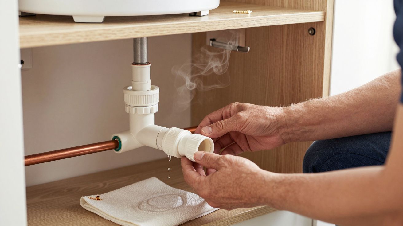Person fixing a leaky pipe under a sink with smoke and a towel on the shelf below.