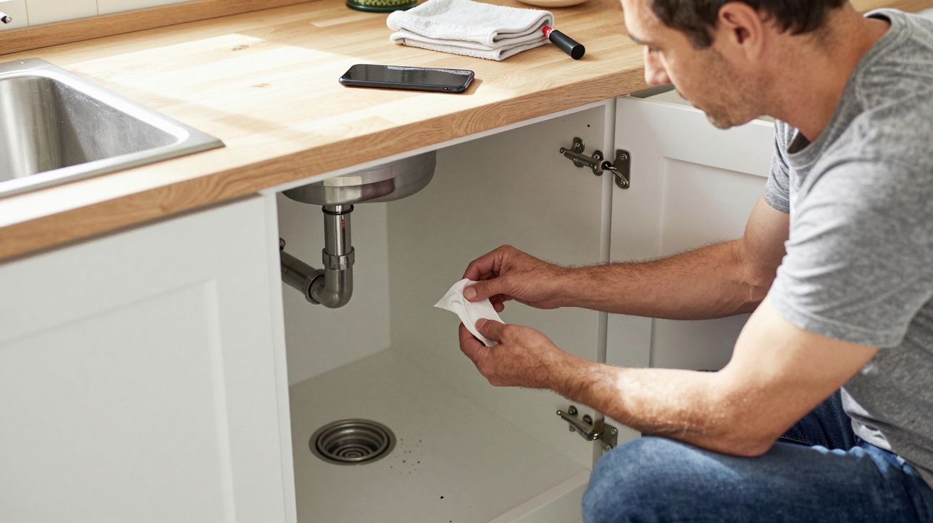 Man inspecting sink plumbing under a wooden countertop in a kitchen.