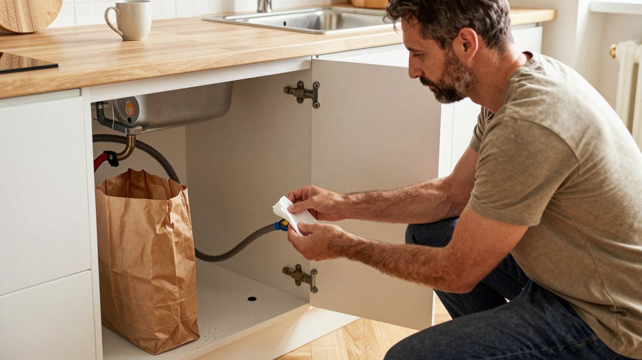 Man inspecting plumbing under the kitchen sink, holding a note, with a paper bag nearby.