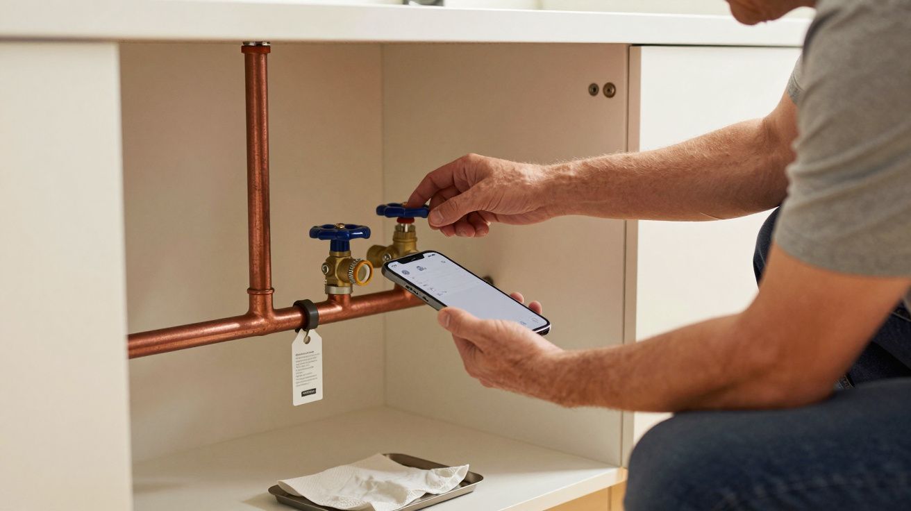 Person inspecting copper pipes under a sink, using a smartphone for guidance.