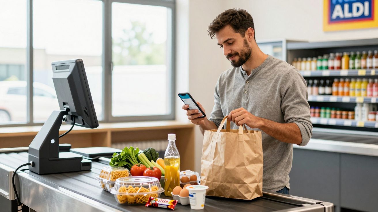 Man shopping at Aldi, scanning groceries with a phone at the checkout, with vegetables and other items on the conveyor belt.