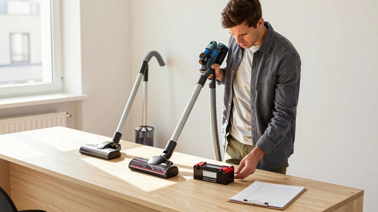 Man assembling a vacuum cleaner on a wooden table with a clipboard.