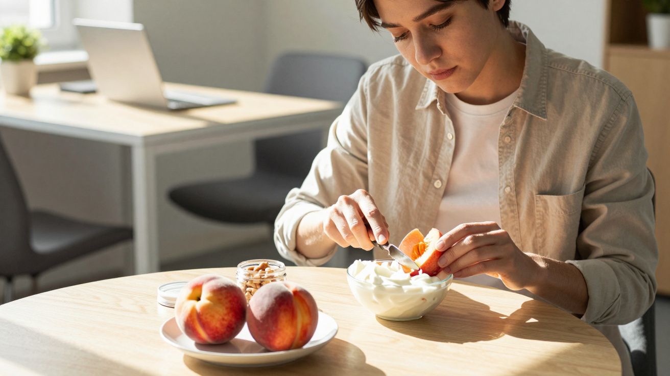 Person slicing a peach into a bowl of yoghurt at a round wooden table with peaches and nuts nearby in a sunlit room.