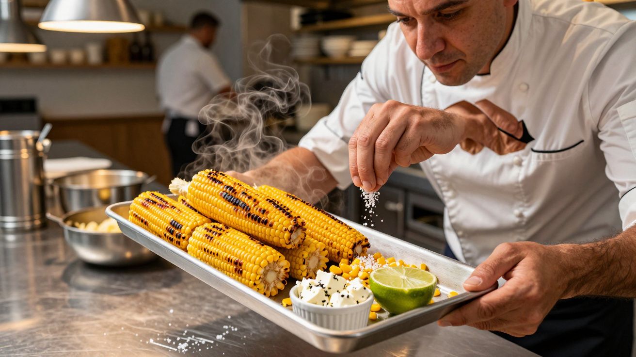 Chef seasoning grilled corn on a tray with lime and cheese in a restaurant kitchen.
