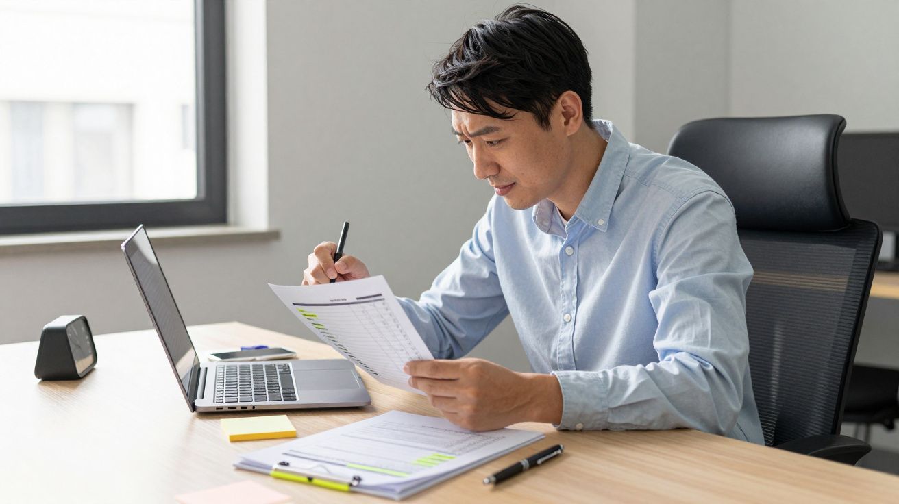 Man in a light blue shirt working at a desk, reviewing documents with a pen, laptop, and folder nearby.