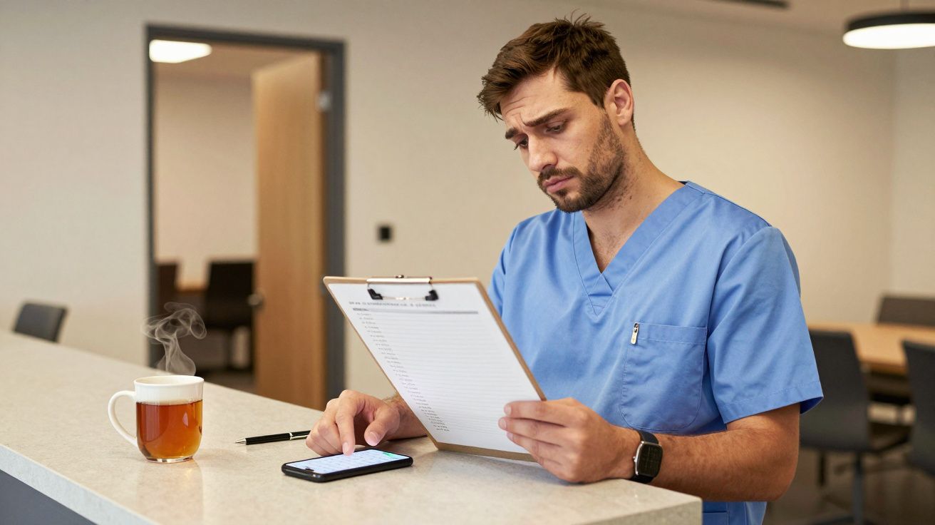 A healthcare professional in blue scrubs reviews a document on a clipboard at a counter with a smartphone and tea.