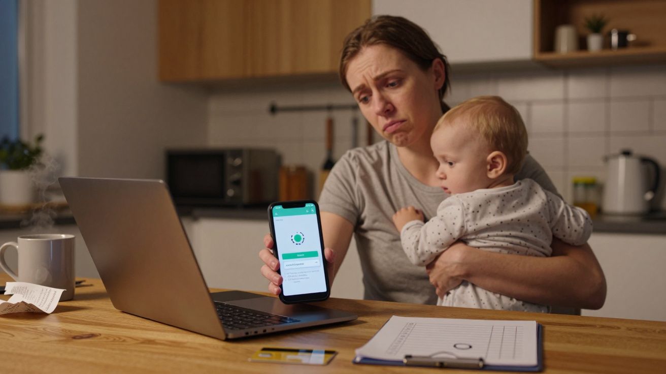 A worried woman holds a baby and shows a smartphone screen to a laptop in a kitchen.