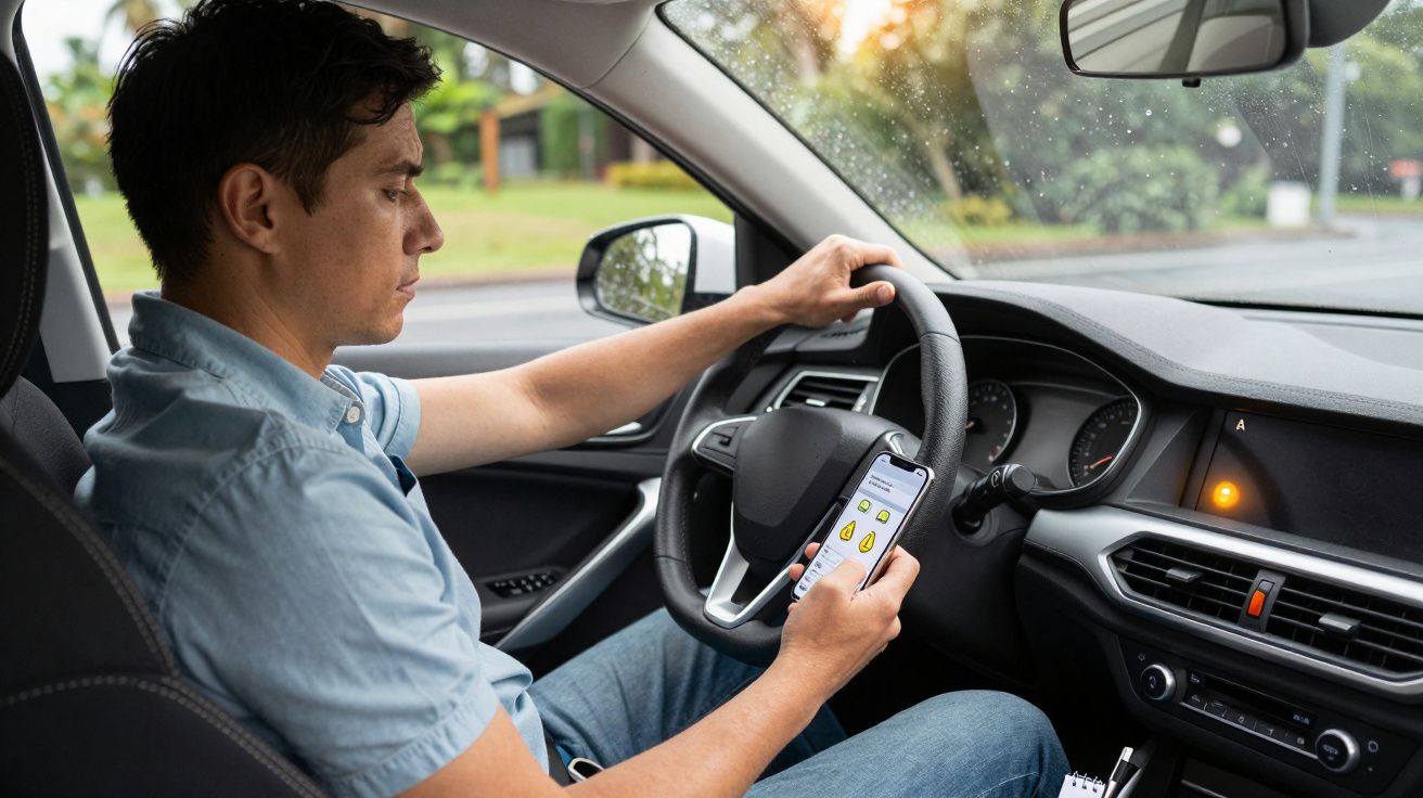 Man driving car while using a smartphone in the rain, distracted, hand on steering wheel, road visible outside window.