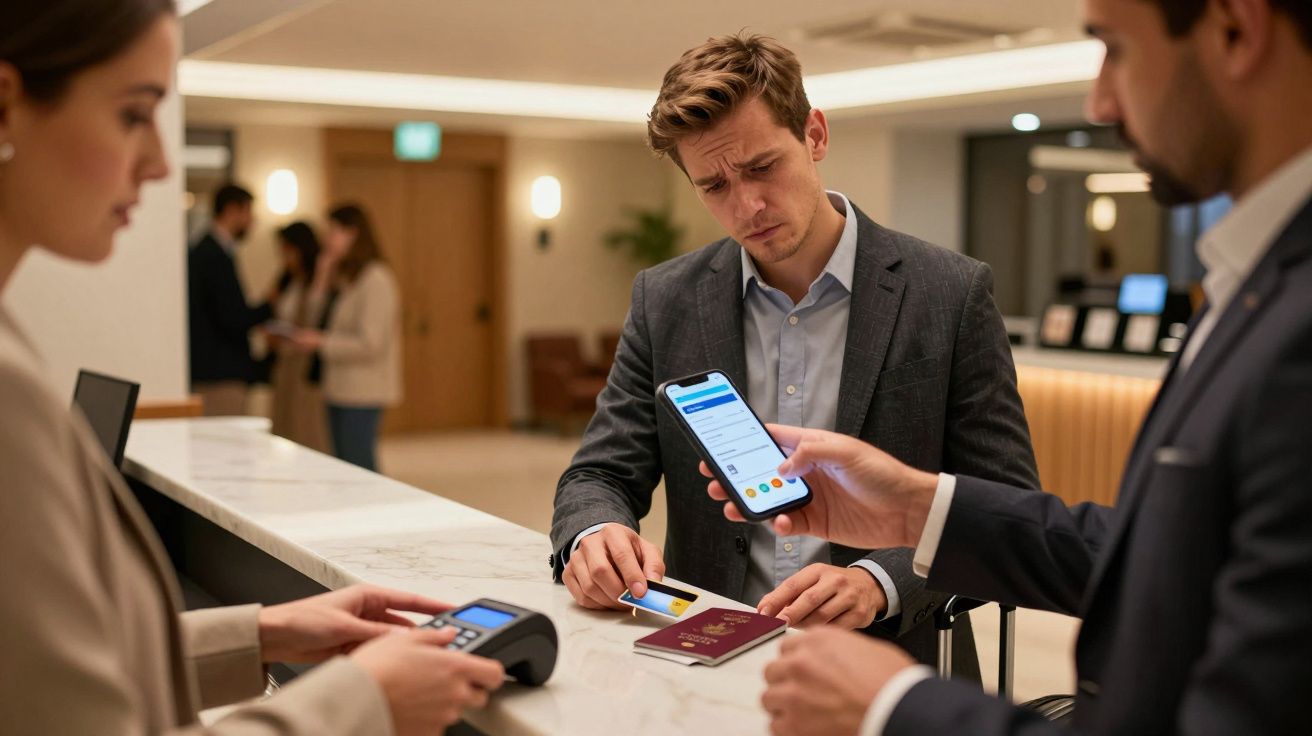 Man at hotel reception with passport, signing document, while another person shows mobile screen, woman holds card machine.