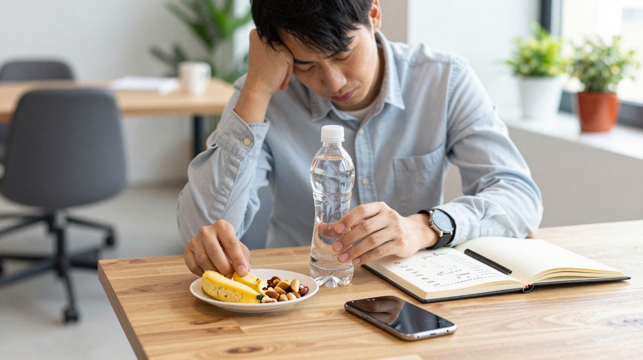 Man sitting at a table with a smartphone, notebook, water bottle, and snack plate.