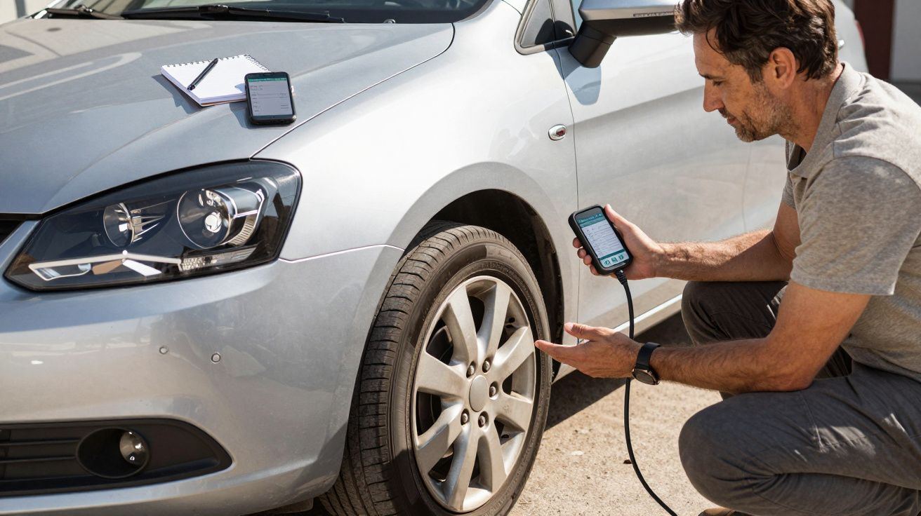 Man checking car tyre pressure with a digital gauge beside silver car on a sunny day.