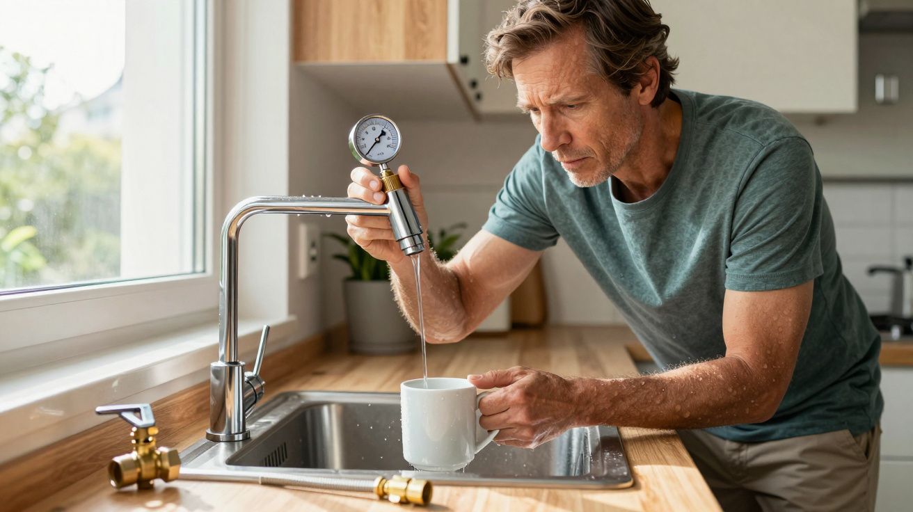 Man in kitchen testing water temperature with thermometer while filling a mug.