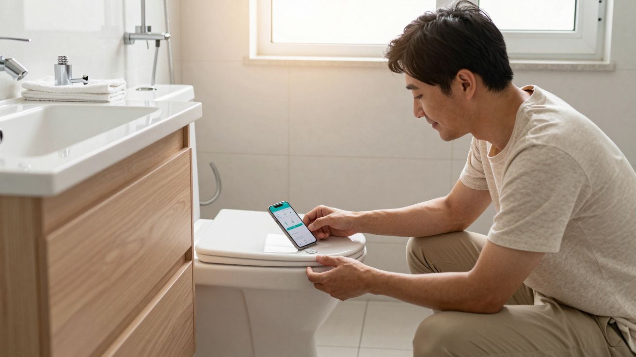 Man using smartphone to interact with a smart toilet in a modern bathroom.