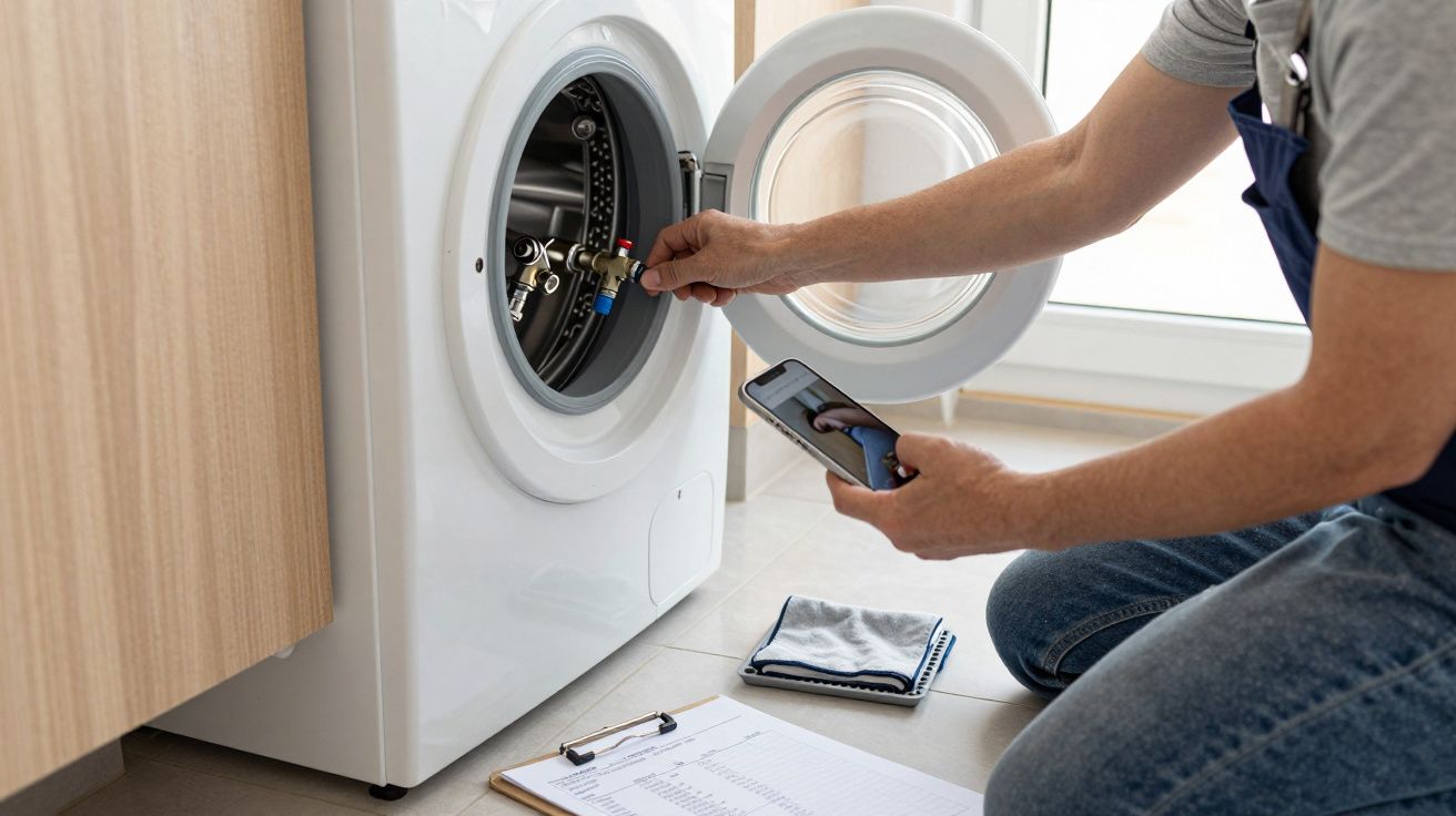 Man repairing a washing machine, kneeling with tools and phone, next to a clipboard and cloth in a bright laundry room.