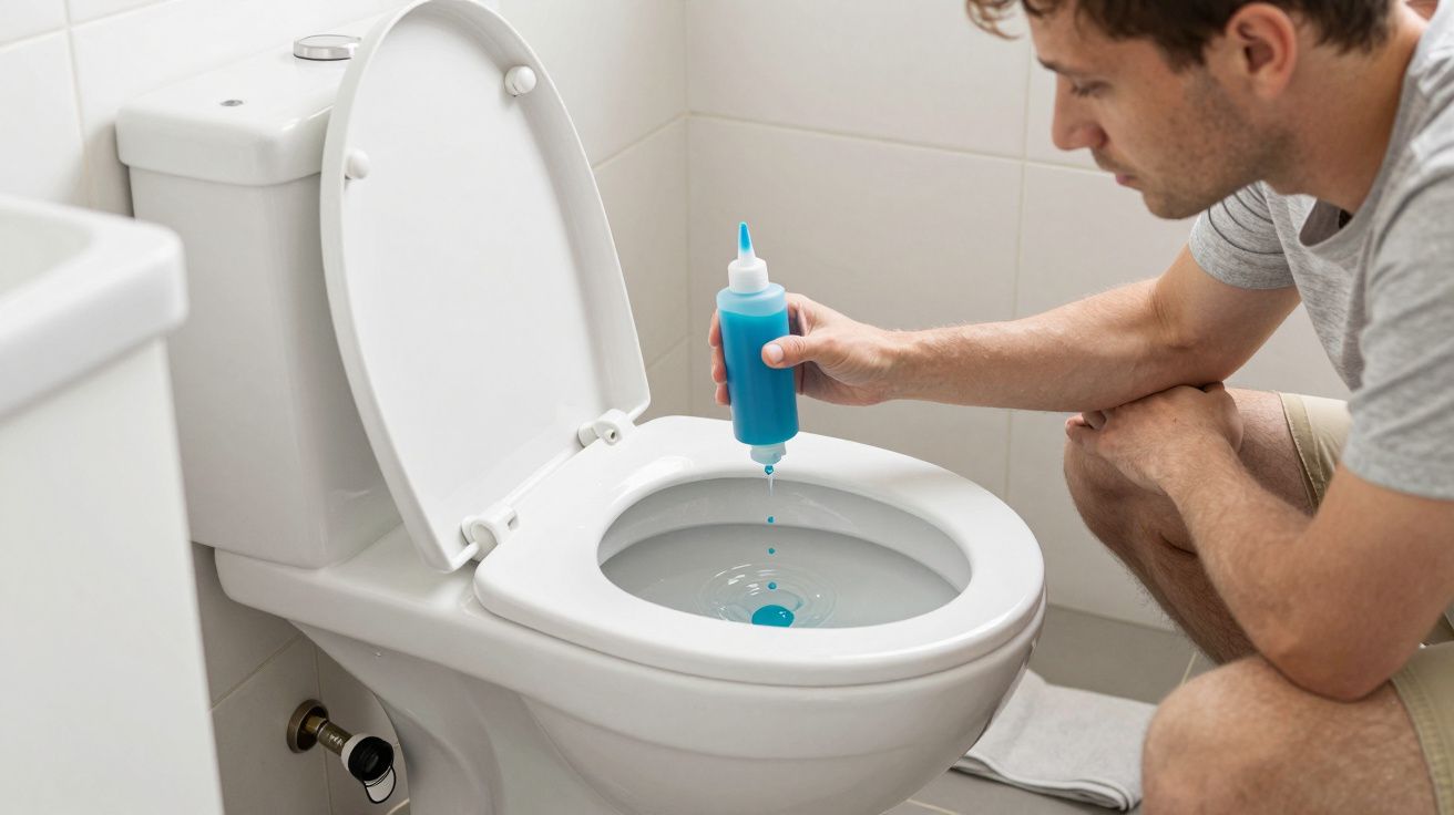 Man applying blue toilet cleaner to a white toilet bowl in a bathroom.